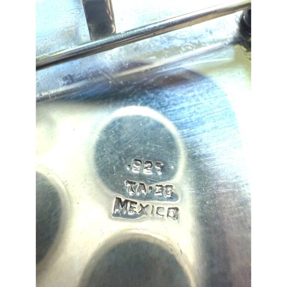 Vintage Mexican Sterling Silver & Turquoise Inlay Aztec Round Brooch Pendant - Picture 3 of 5